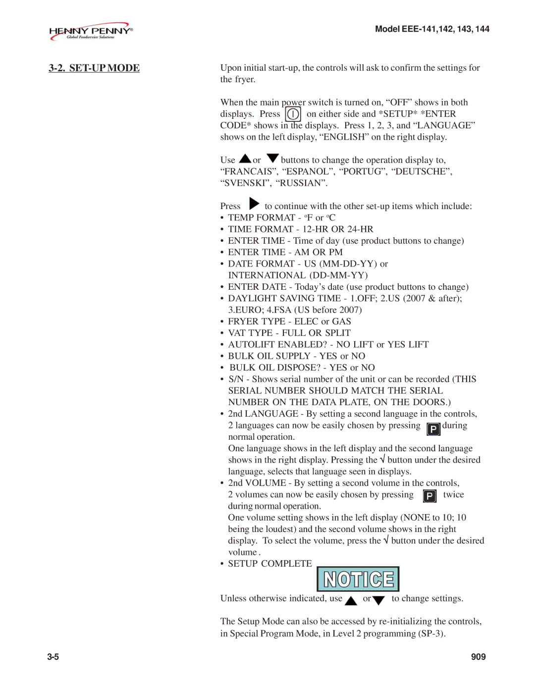 Henny Penny EEE-143, EEE-141, EEE-144, EEE-142 warranty SET-UP Mode, International DD-MM-YY 