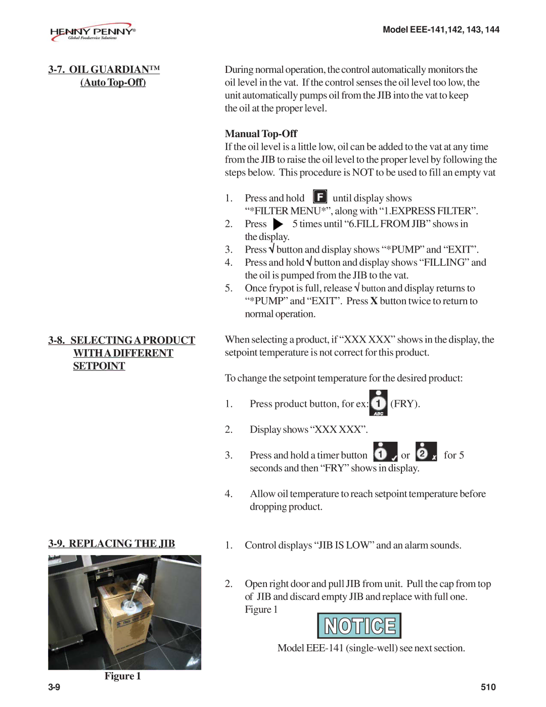 Henny Penny EEE-143, EEE-141, EEE-144, EEE-142 warranty OIL Guardian Auto Top-Off, Manual Top-Off 