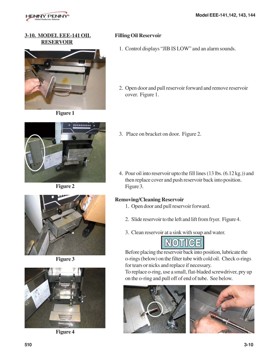 Henny Penny EEE-142, EEE-144, EEE-143 warranty Model EEE-141 OIL Filling Oil Reservoir, Removing/Cleaning Reservoir 