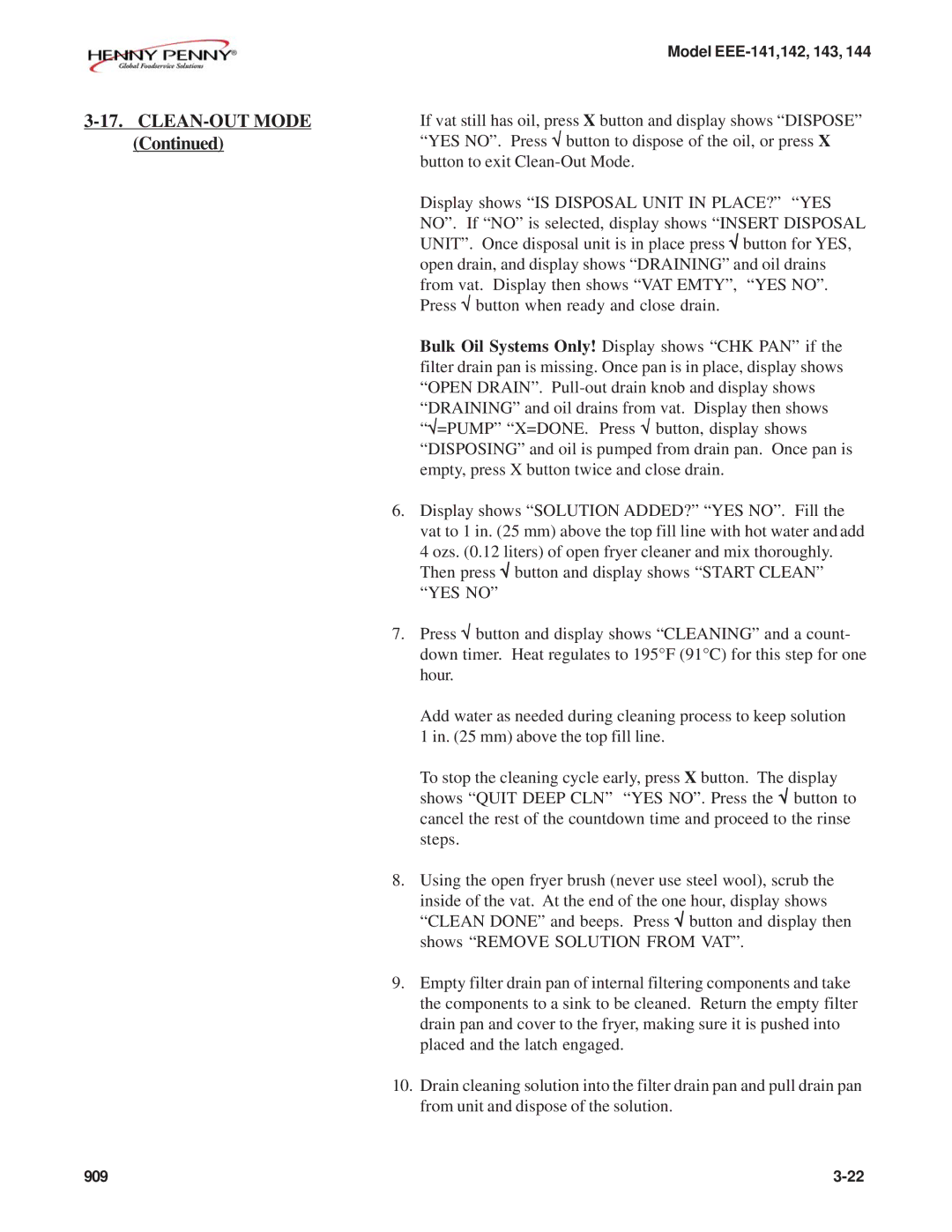 Henny Penny EEE-142, EEE-141, EEE-144, EEE-143 warranty CLEAN-OUT Mode 