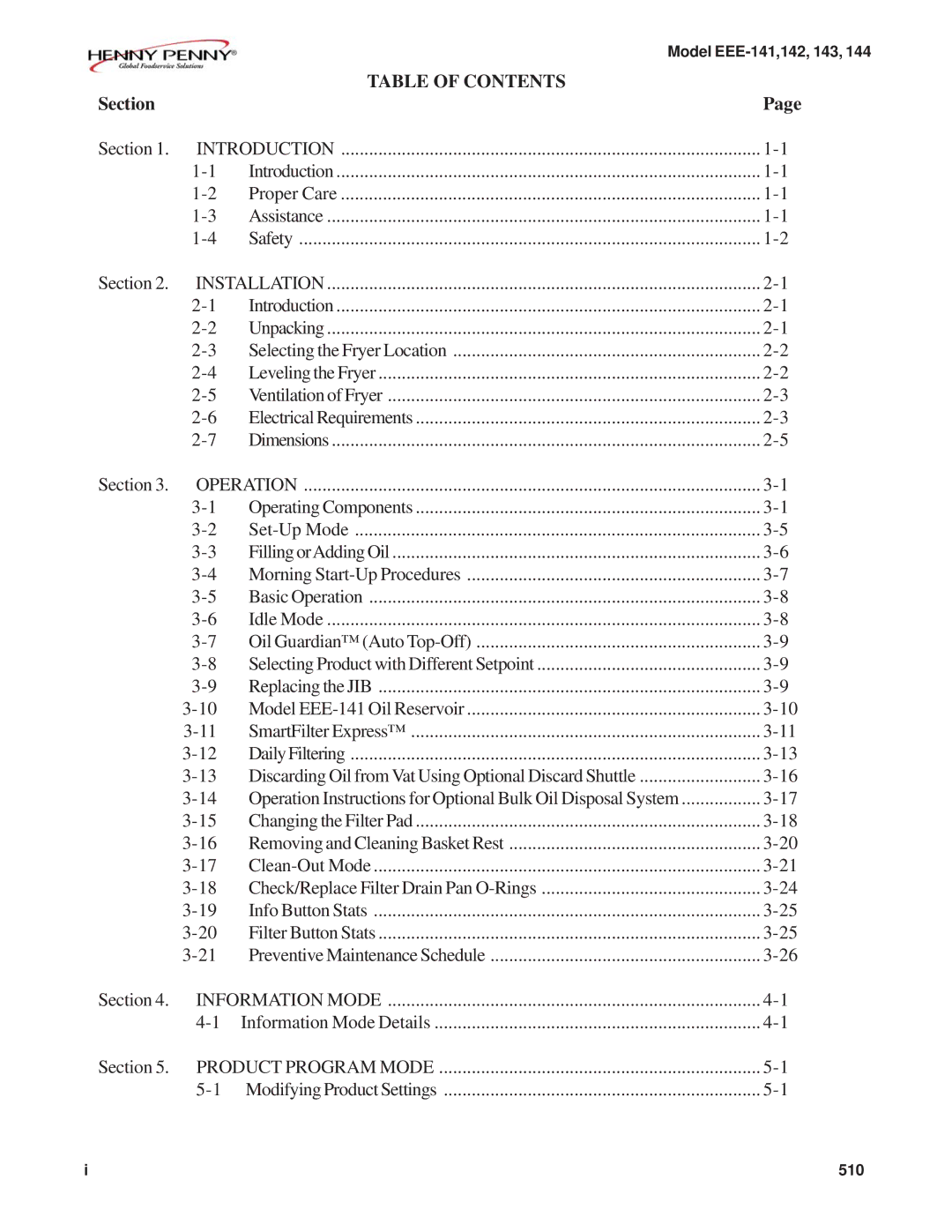 Henny Penny EEE-141, EEE-144, EEE-143, EEE-142 warranty Table of Contents 