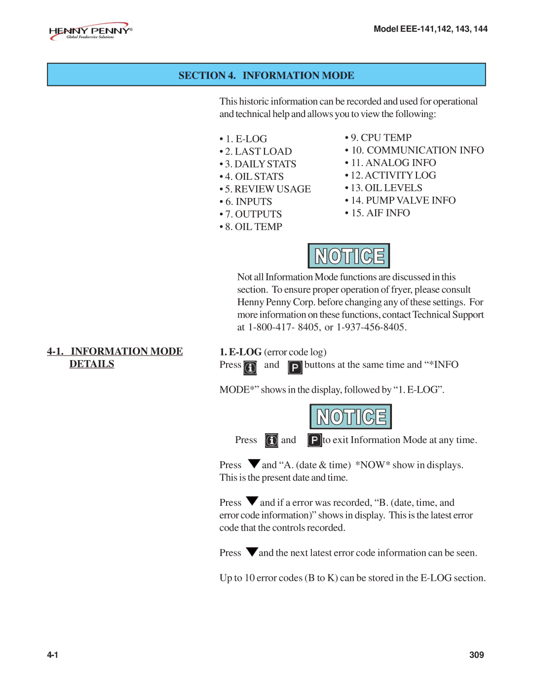 Henny Penny EEE-141, EEE-144, EEE-143, EEE-142 warranty Information Mode Details 