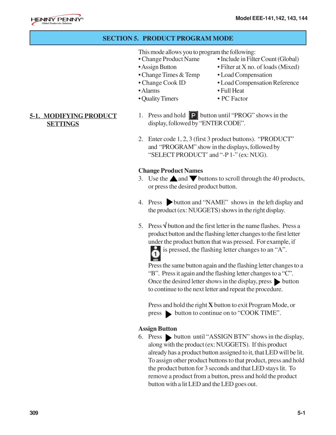 Henny Penny EEE-144, EEE-141, EEE-143 Product Program Mode Modifying Product Settings, Change Product Names, Assign Button 