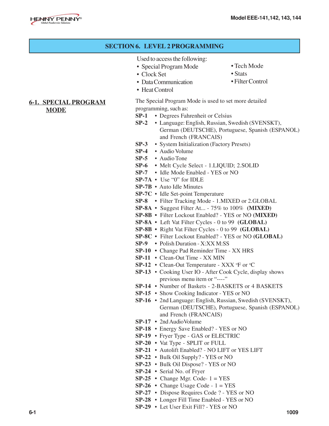 Henny Penny EEE-141, EEE-144, EEE-143, EEE-142 warranty Level 2 Programming Special Program Mode, SP-8C 