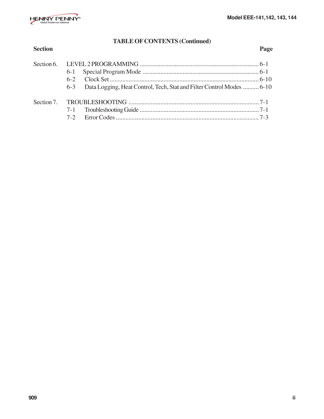 Henny Penny EEE-144, EEE-141, EEE-143, EEE-142 warranty Section Table of Contents 