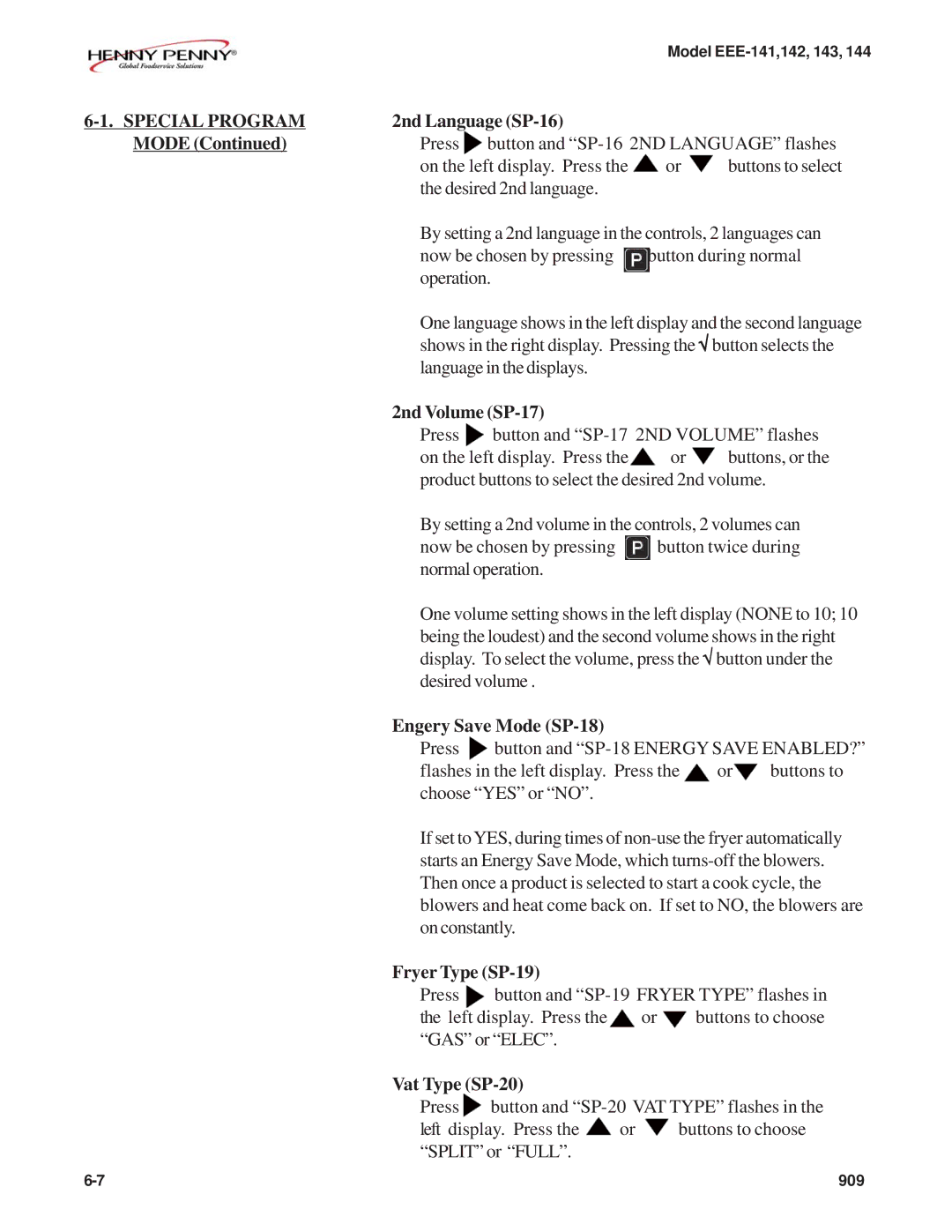 Henny Penny EEE-143 2nd Language SP-16 Mode, 2nd Volume SP-17, Engery Save Mode SP-18, Fryer Type SP-19, Vat Type SP-20 