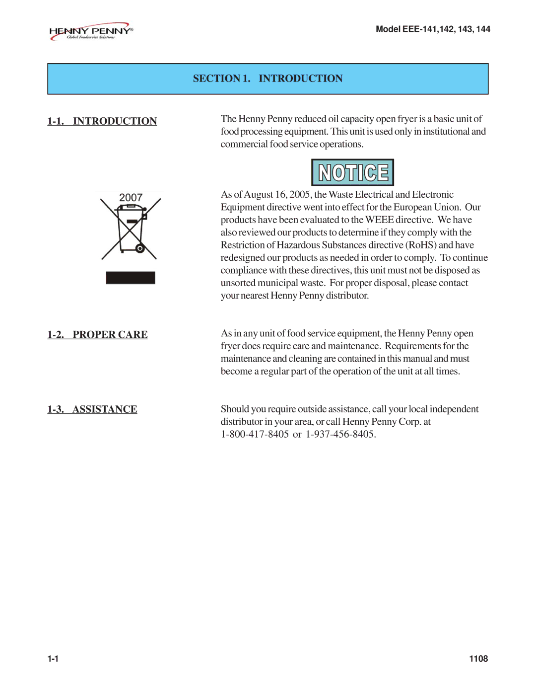 Henny Penny EEE-143, EEE-141, EEE-144, EEE-142 warranty Introduction Proper Care, Assistance 
