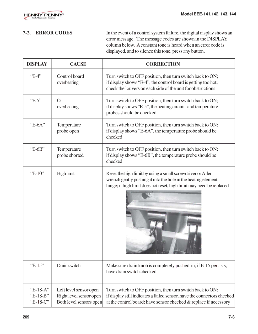 Henny Penny EEE-141, EEE-144, EEE-143, EEE-142 warranty Error Codes, Display Cause Correction 
