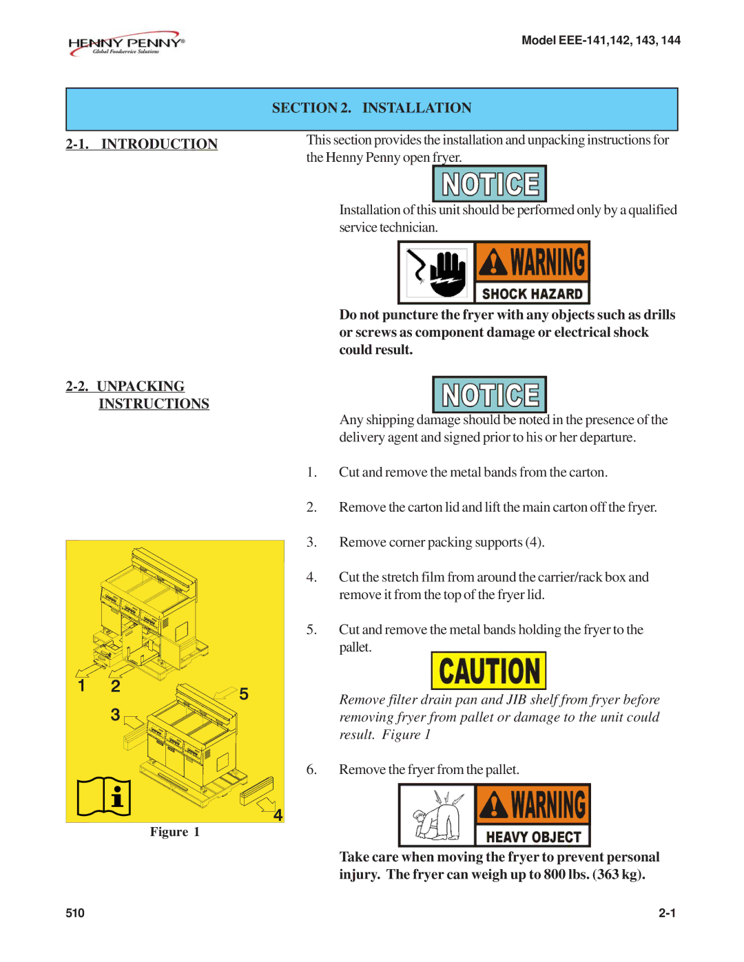 Henny Penny EEE-144, EEE-141, EEE-143, EEE-142 warranty Installation, Introduction, Unpacking Instructions 