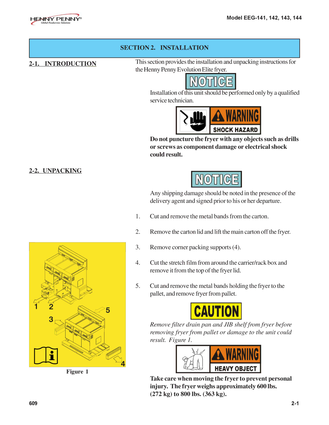 Henny Penny EEG-141, EEG-142, EEG-144, EEG-143 warranty Installation, Unpacking 