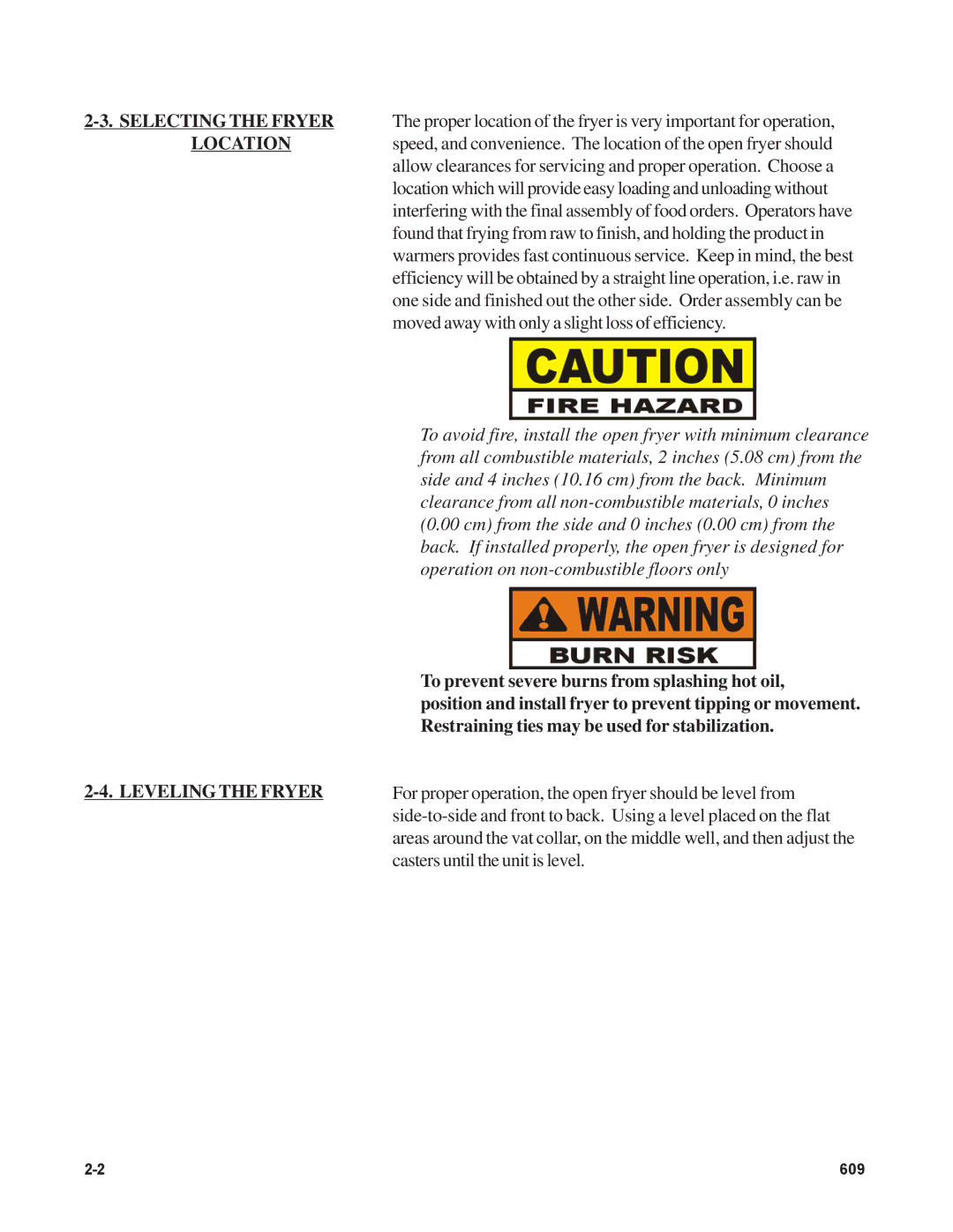 Henny Penny EEG-144, EEG-142, EEG-141, EEG-143 warranty Selecting the Fryer Location Leveling the Fryer 