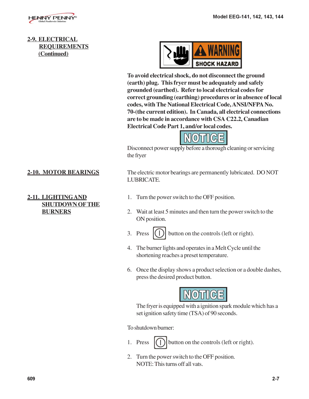 Henny Penny EEG-143, EEG-142, EEG-141, EEG-144 Electrical Requirements, Motor Bearings Lightingand Shutdown of the Burners 