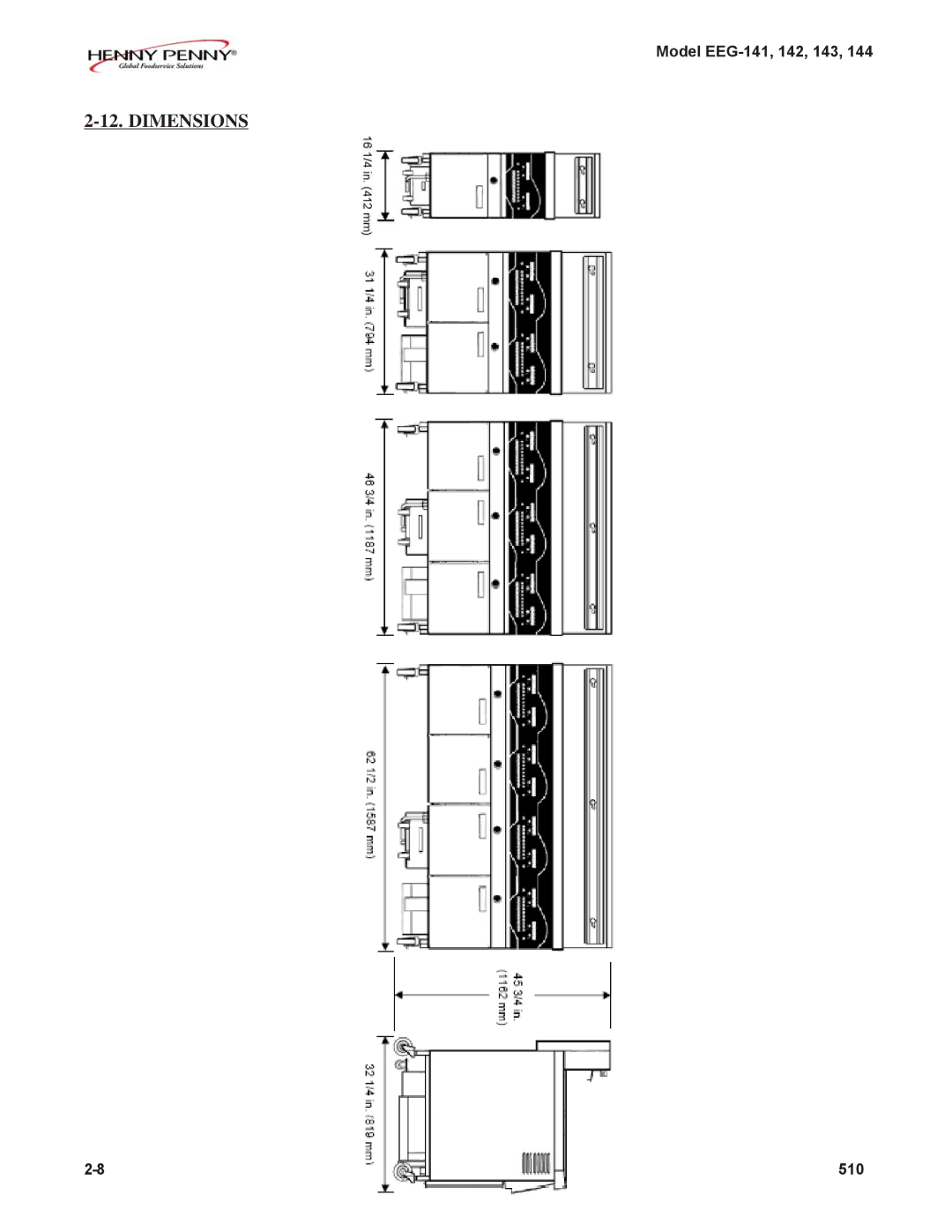 Henny Penny EEG-142, EEG-141, EEG-144, EEG-143 warranty Dimensions 