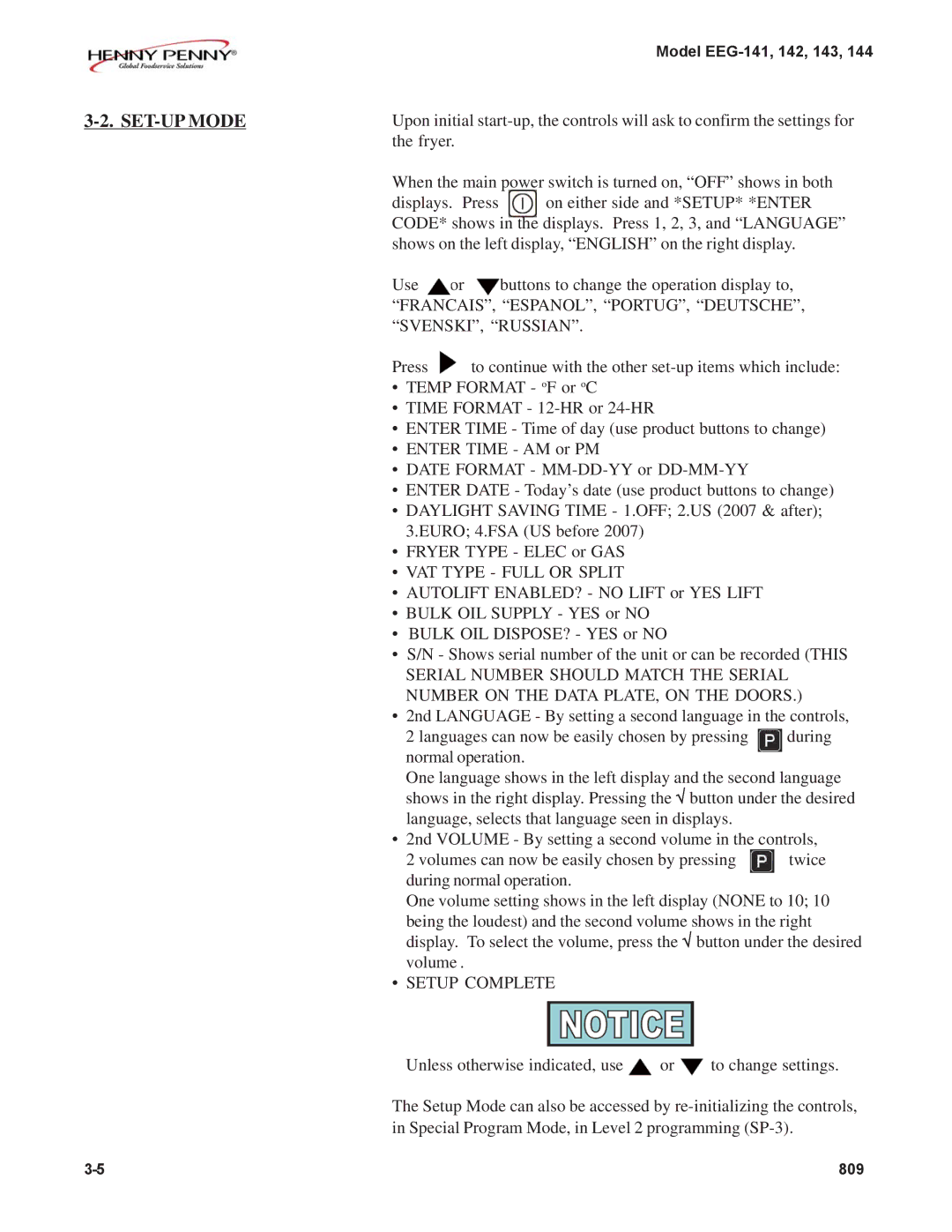 Henny Penny EEG-144, EEG-142, EEG-141, EEG-143 warranty SET-UP Mode, VAT Type Full or Split 