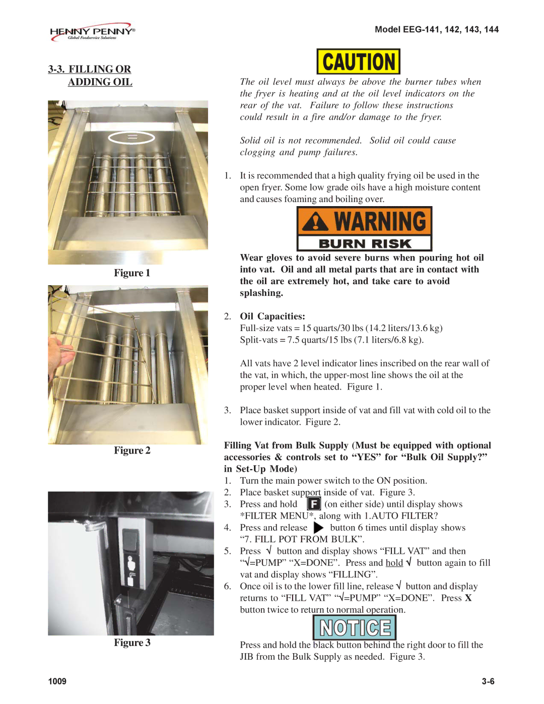 Henny Penny EEG-143, EEG-142, EEG-141, EEG-144 warranty Filling or Adding OIL, Fill POT from Bulk 