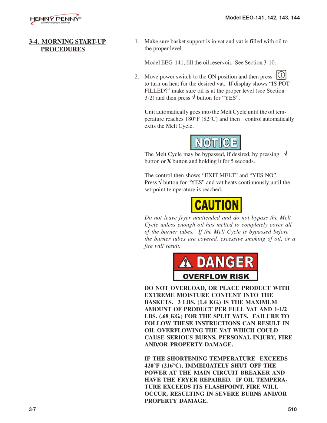 Henny Penny EEG-142, EEG-141, EEG-144, EEG-143 warranty Morning START-UP Procedures 