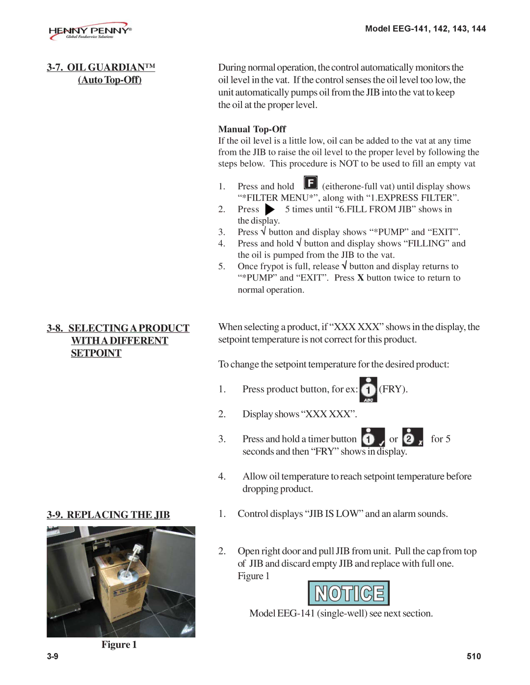 Henny Penny EEG-144, EEG-142 OIL Guardian Auto Top-Off, Selectinga Product Withadifferent Setpoint Replacing the JIB 