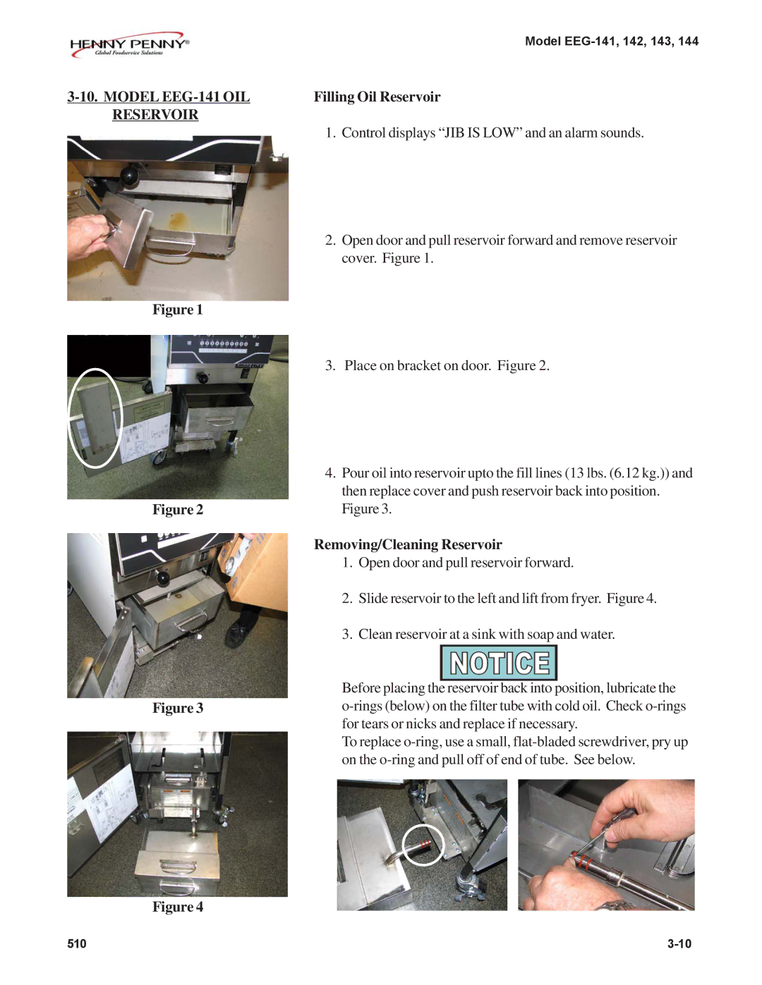 Henny Penny EEG-143, EEG-142, EEG-144 warranty Model EEG-141 OIL, Filling Oil Reservoir, Removing/Cleaning Reservoir 