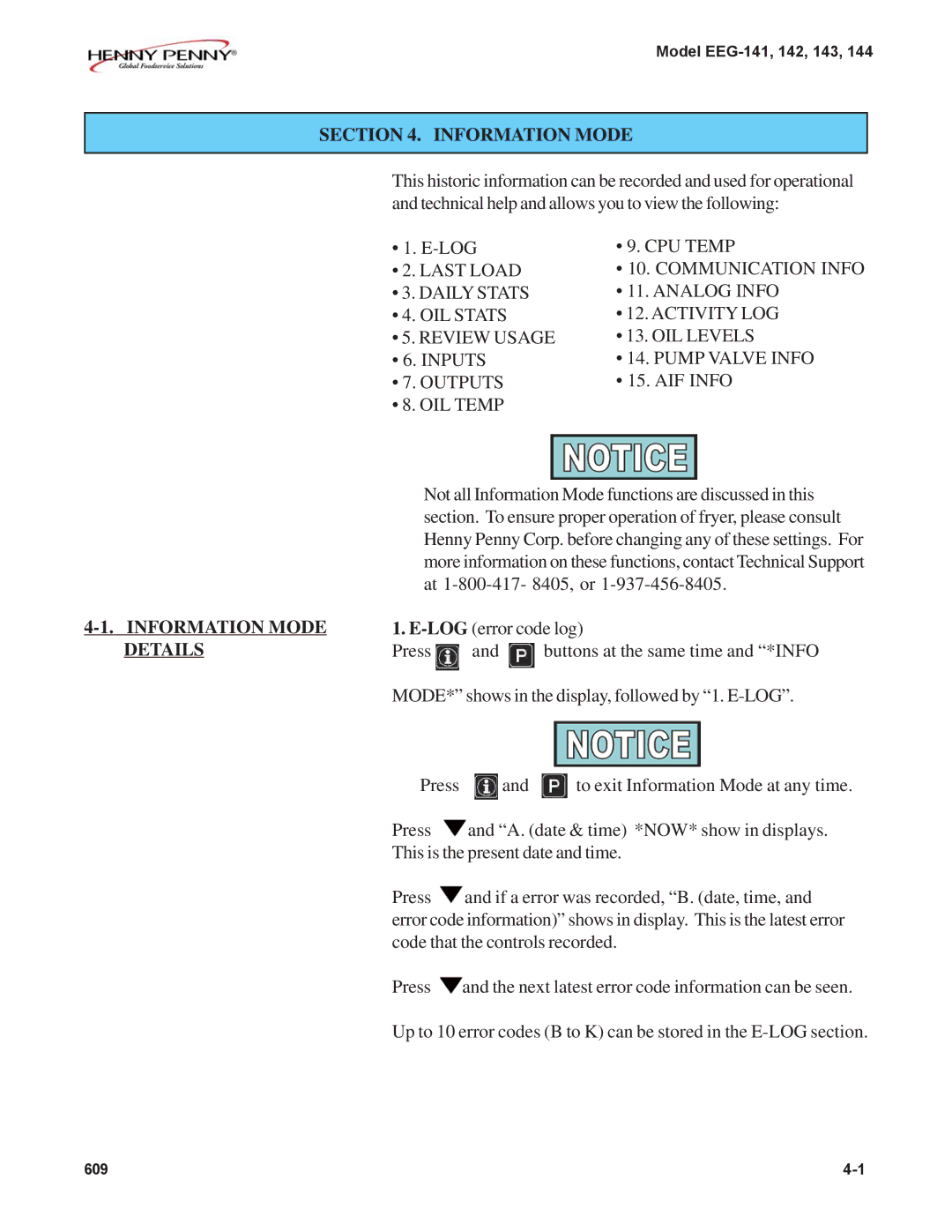 Henny Penny EEG-141, EEG-142, EEG-144, EEG-143 warranty Information Mode Details 