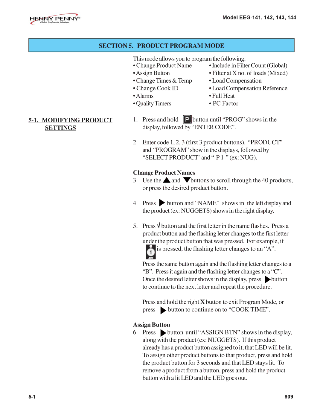 Henny Penny EEG-144, EEG-142, EEG-141 Product Program Mode Modifying Product Settings, Change Product Names, Assign Button 