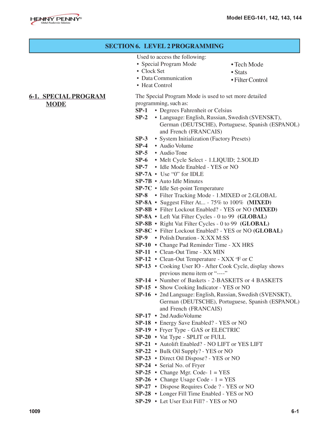 Henny Penny EEG-141, EEG-142, EEG-144, EEG-143 warranty Level 2 Programming Special Program Mode, Filter Control 