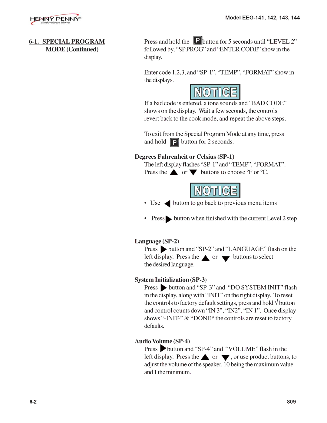 Henny Penny EEG-144 Special Program Mode, Degrees Fahrenheit or Celsius SP-1, Language SP-2, System Initialization SP-3 