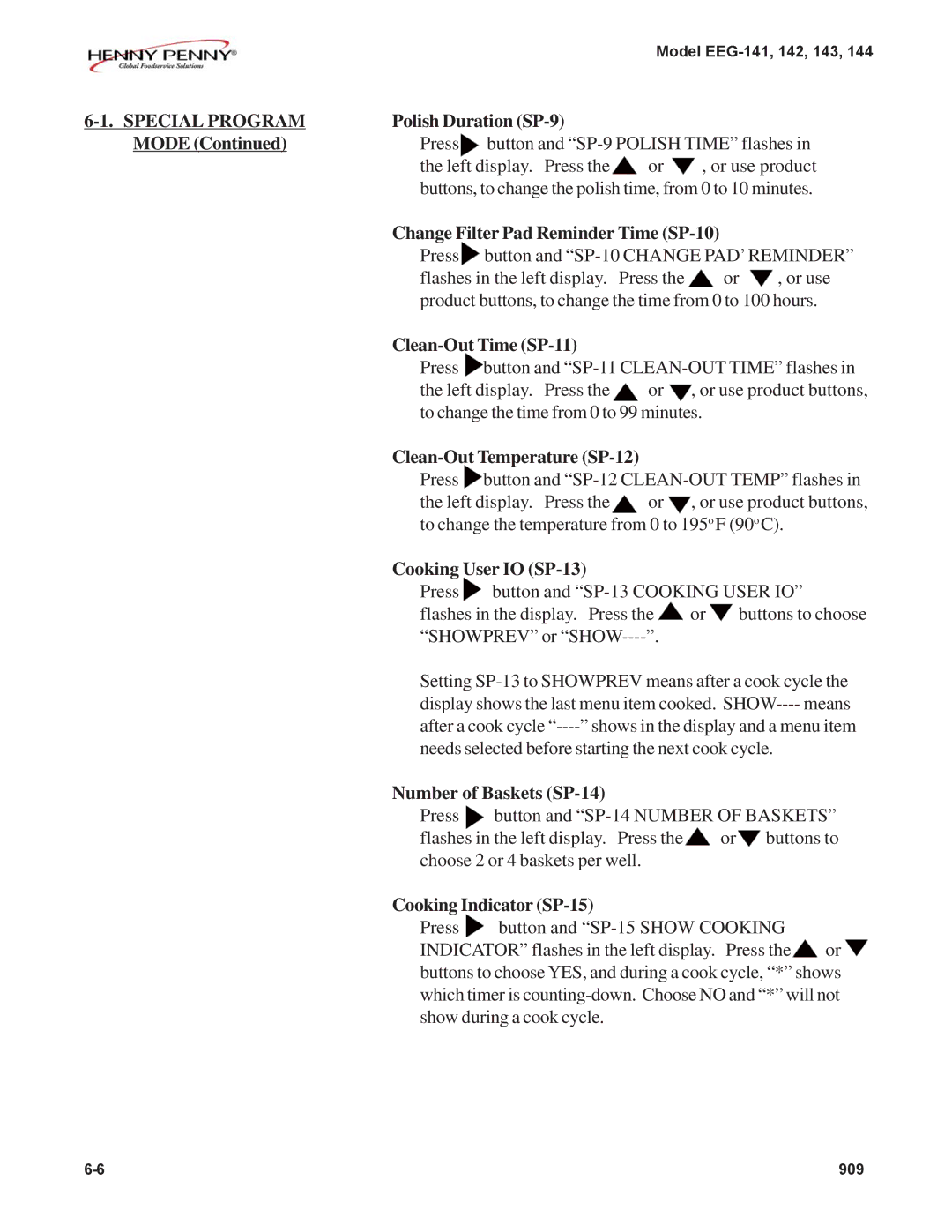 Henny Penny EEG-144, EEG-142, EEG-141 Polish Duration SP-9, Change Filter Pad Reminder Time SP-10, Clean-Out Time SP-11 
