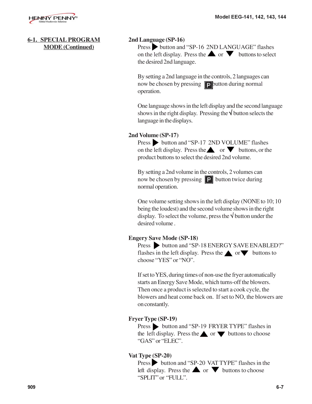 Henny Penny EEG-143 warranty 2nd Language SP-16, 2nd Volume SP-17, Engery Save Mode SP-18, Fryer Type SP-19, Vat Type SP-20 