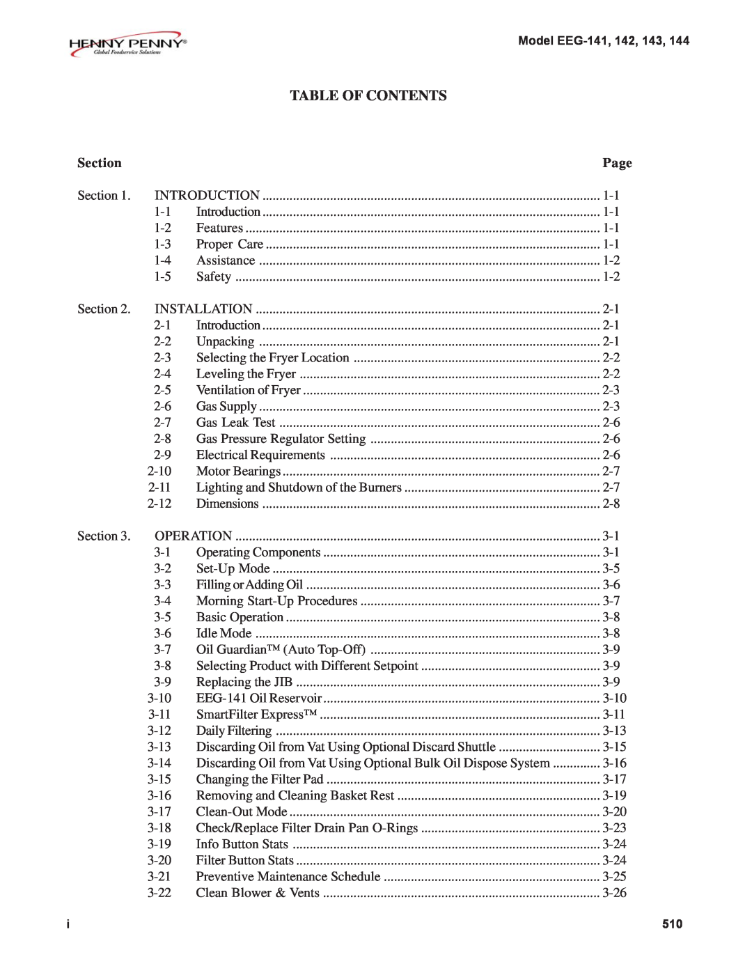 Henny Penny EEG-144, EEG-142, EEG-141, EEG-143 warranty Table Of Contents, Section, Page 