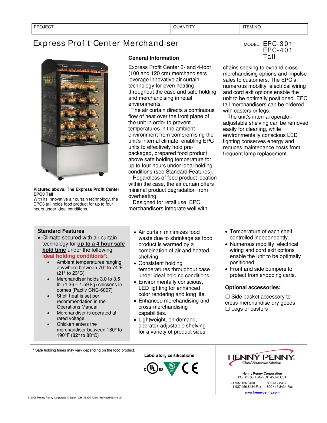 Henny Penny EPC-301 manual EPC-401, Tall, General Information, Standard Features, Optional accessories 