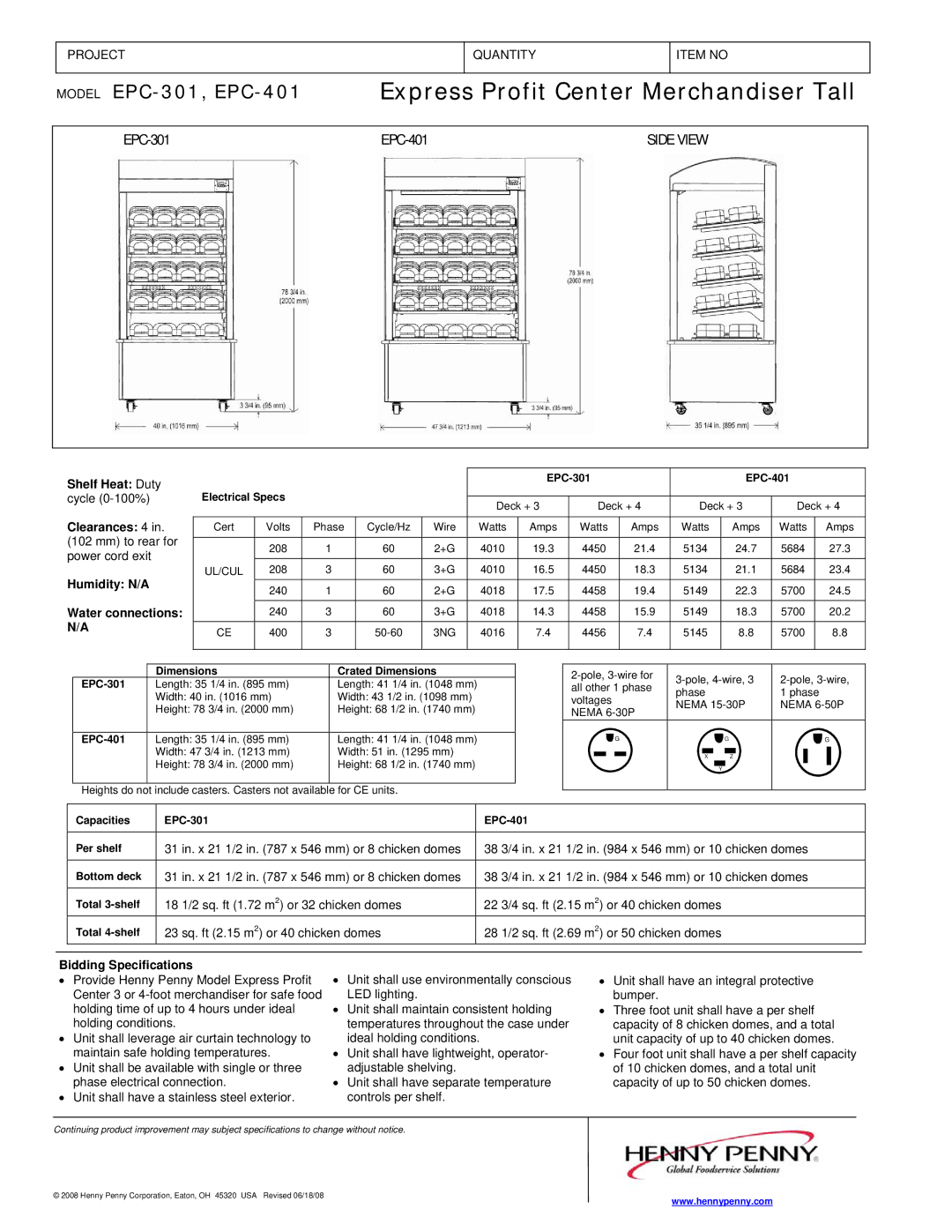 Henny Penny EPC-401, EPC-301 manual Bidding Specifications 