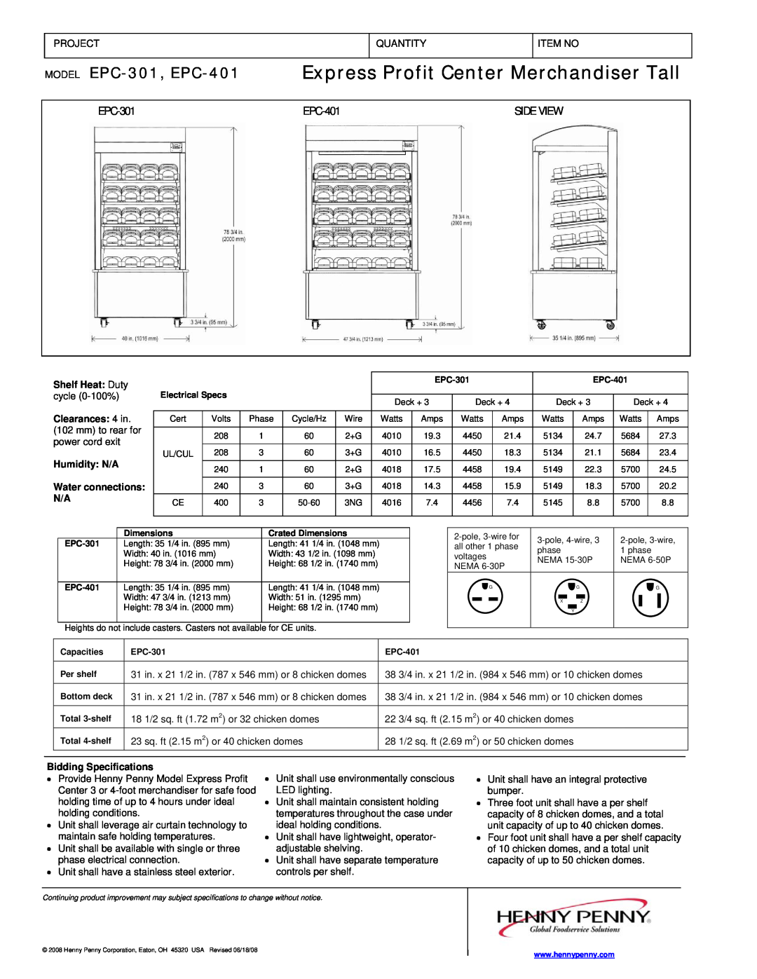 Henny Penny EPC-401 manual EPC-301, Side View, Humidity N/A Water connections N/A, Bidding Specifications 
