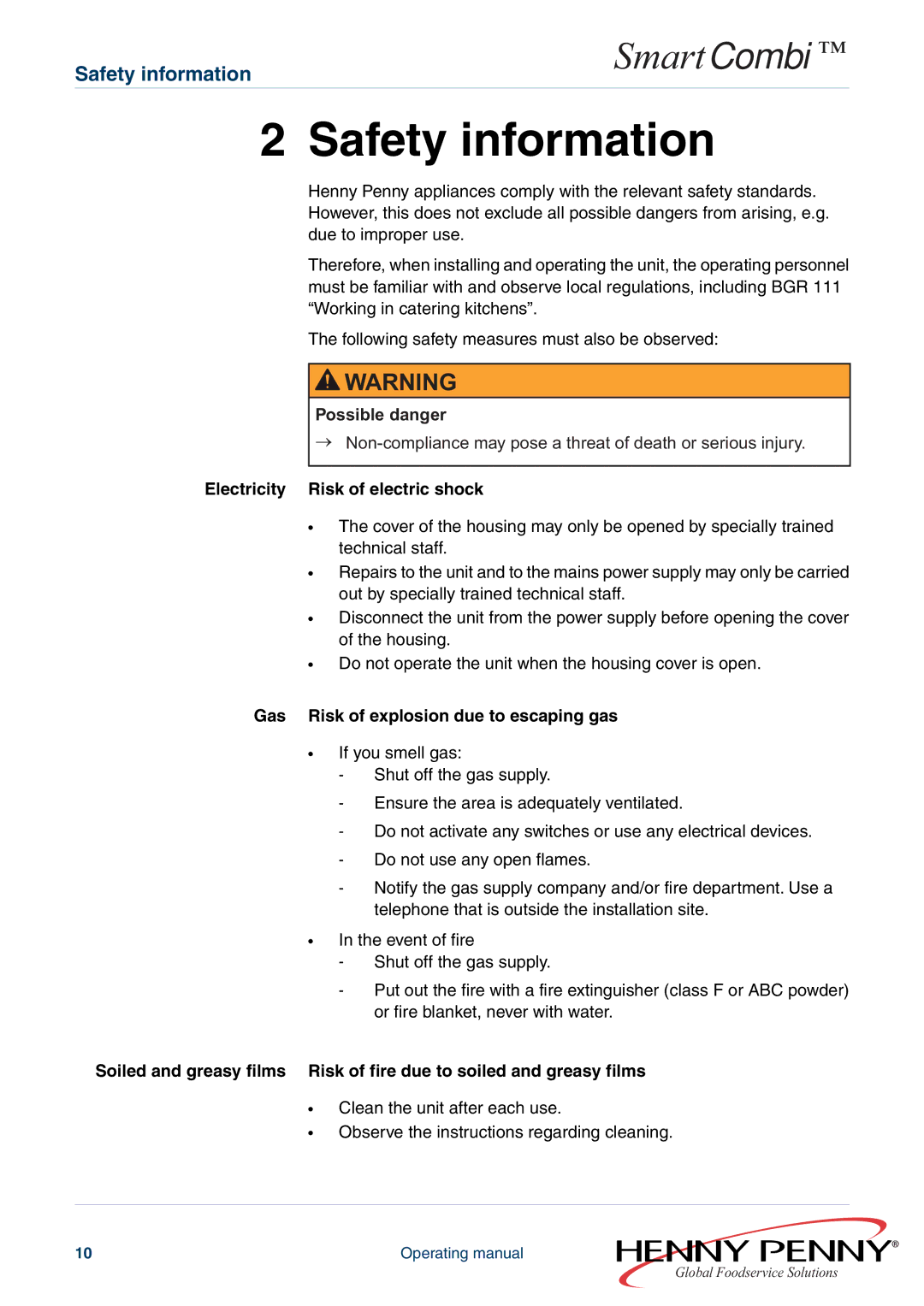 Henny Penny FM05-061-A manual Electricity Risk of electric shock, Gas Risk of explosion due to escaping gas 