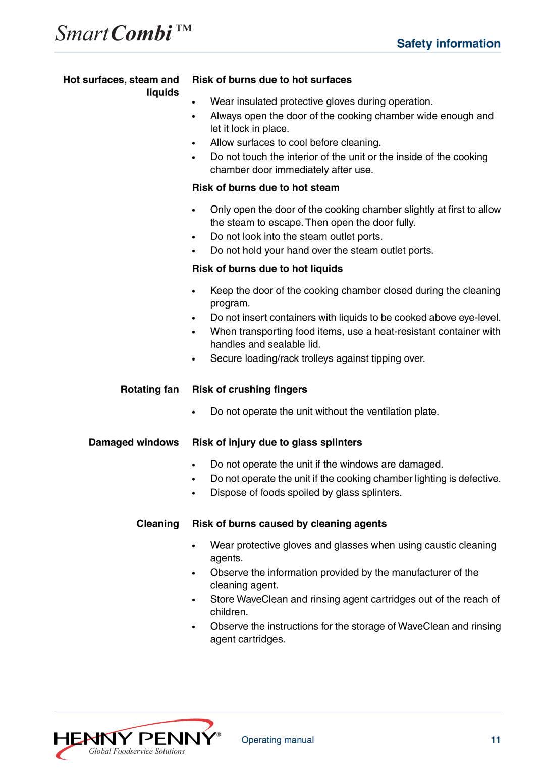 Henny Penny FM05-061-A manual Liquids, Risk of burns due to hot steam, Risk of burns due to hot liquids 