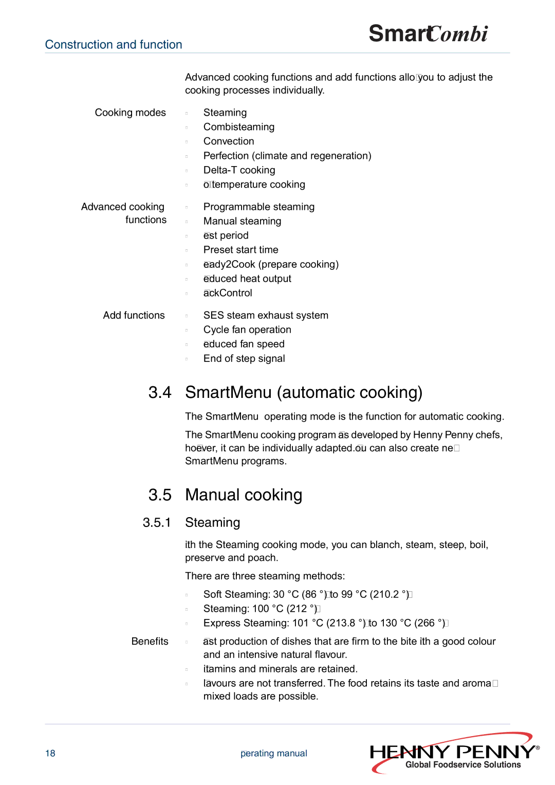 Henny Penny FM05-061-A manual SmartMenu automatic cooking, Manual cooking, Steaming, Benefits 