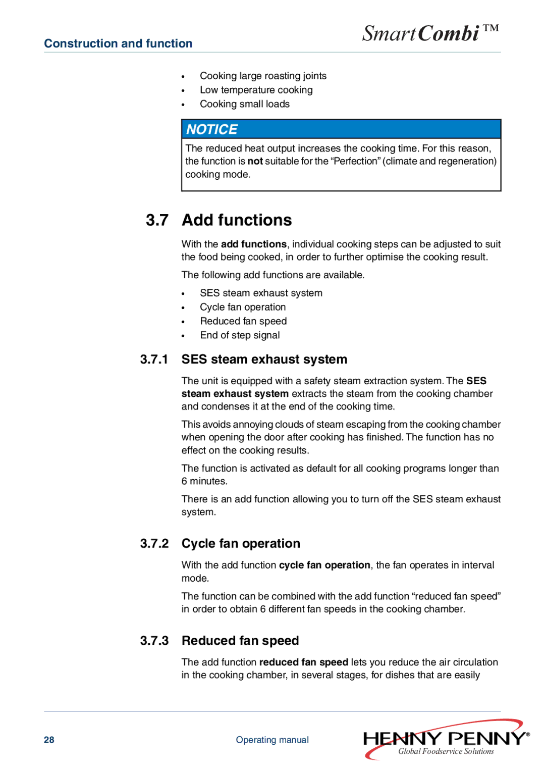 Henny Penny FM05-061-A manual Add functions, SES steam exhaust system, Cycle fan operation, Reduced fan speed 