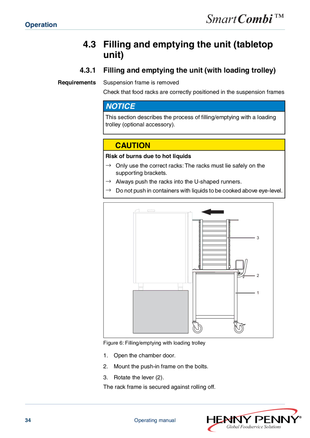 Henny Penny FM05-061-A Filling and emptying the unit tabletop unit, Filling and emptying the unit with loading trolley 