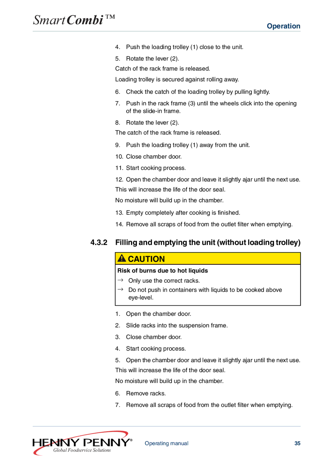 Henny Penny FM05-061-A manual Filling and emptying the unit without loading trolley 