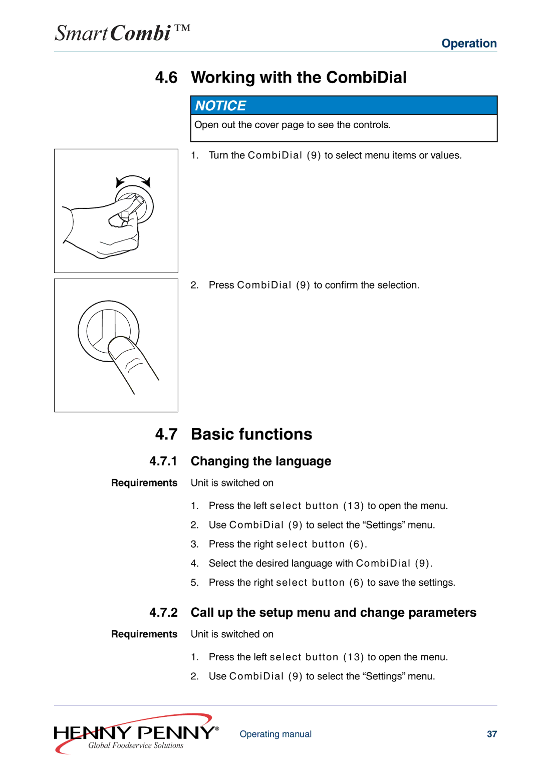 Henny Penny FM05-061-A manual Working with the CombiDial, Basic functions, Changing the language 