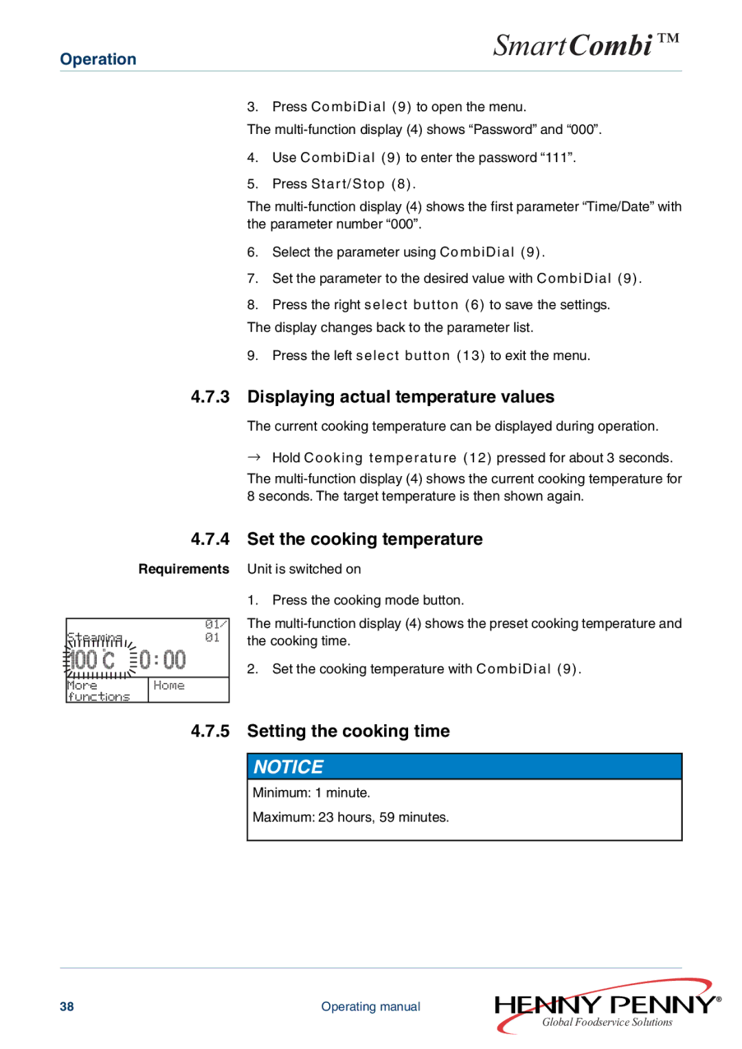 Henny Penny FM05-061-A manual Displaying actual temperature values, Set the cooking temperature, Setting the cooking time 