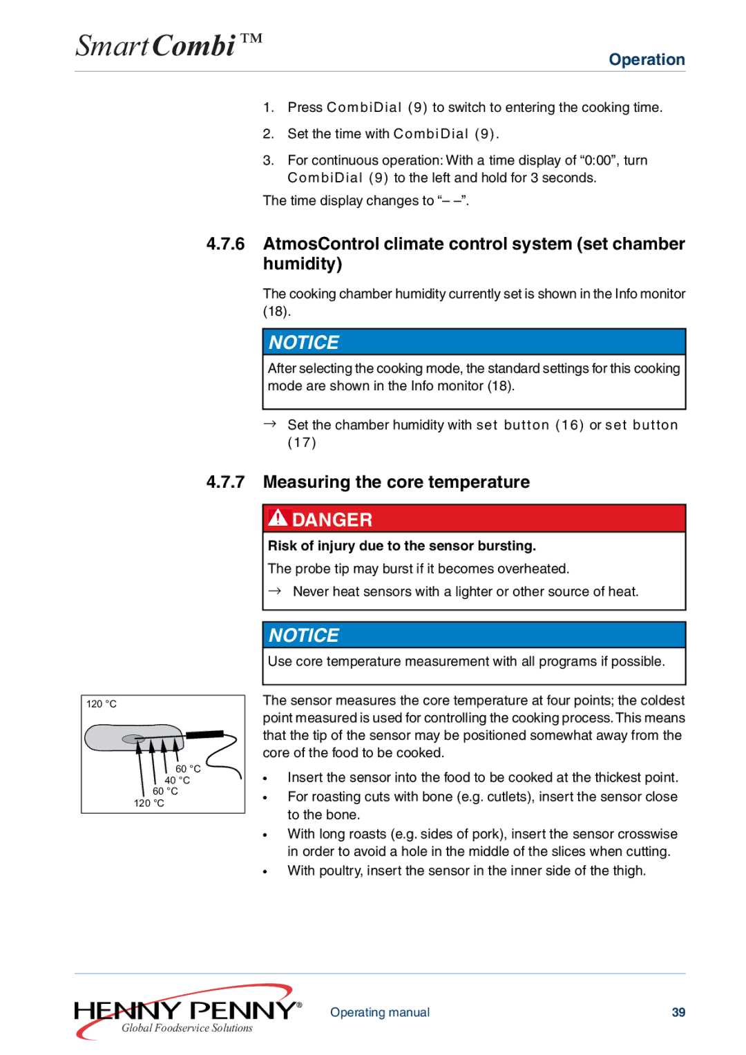 Henny Penny FM05-061-A manual AtmosControl climate control system set chamber humidity, Measuring the core temperature 