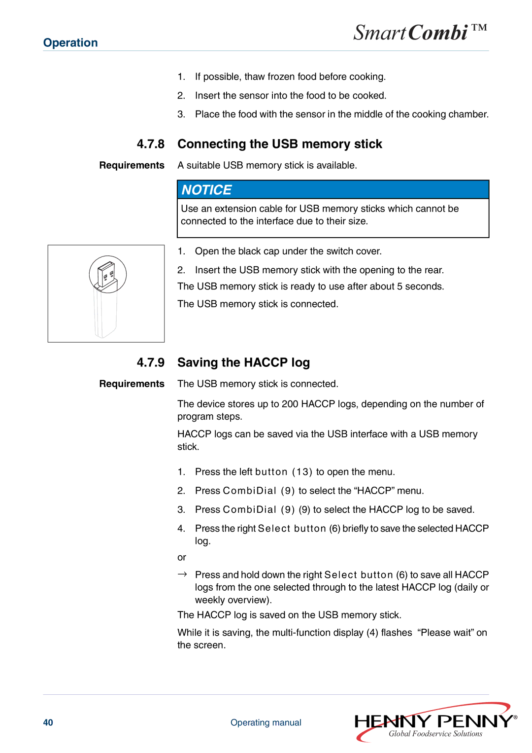 Henny Penny FM05-061-A manual Connecting the USB memory stick, Saving the Haccp log 