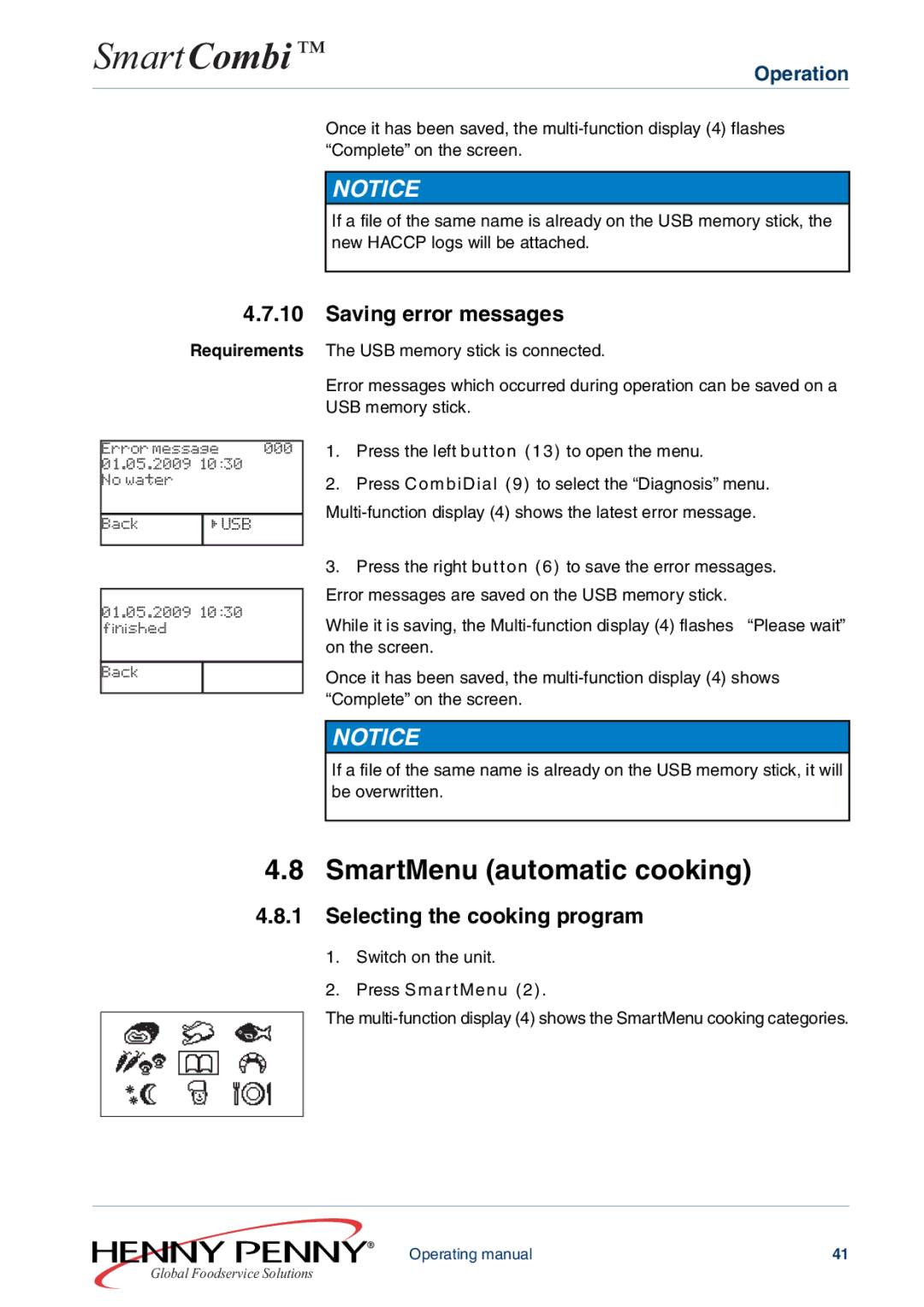 Henny Penny FM05-061-A manual Saving error messages, Selecting the cooking program 