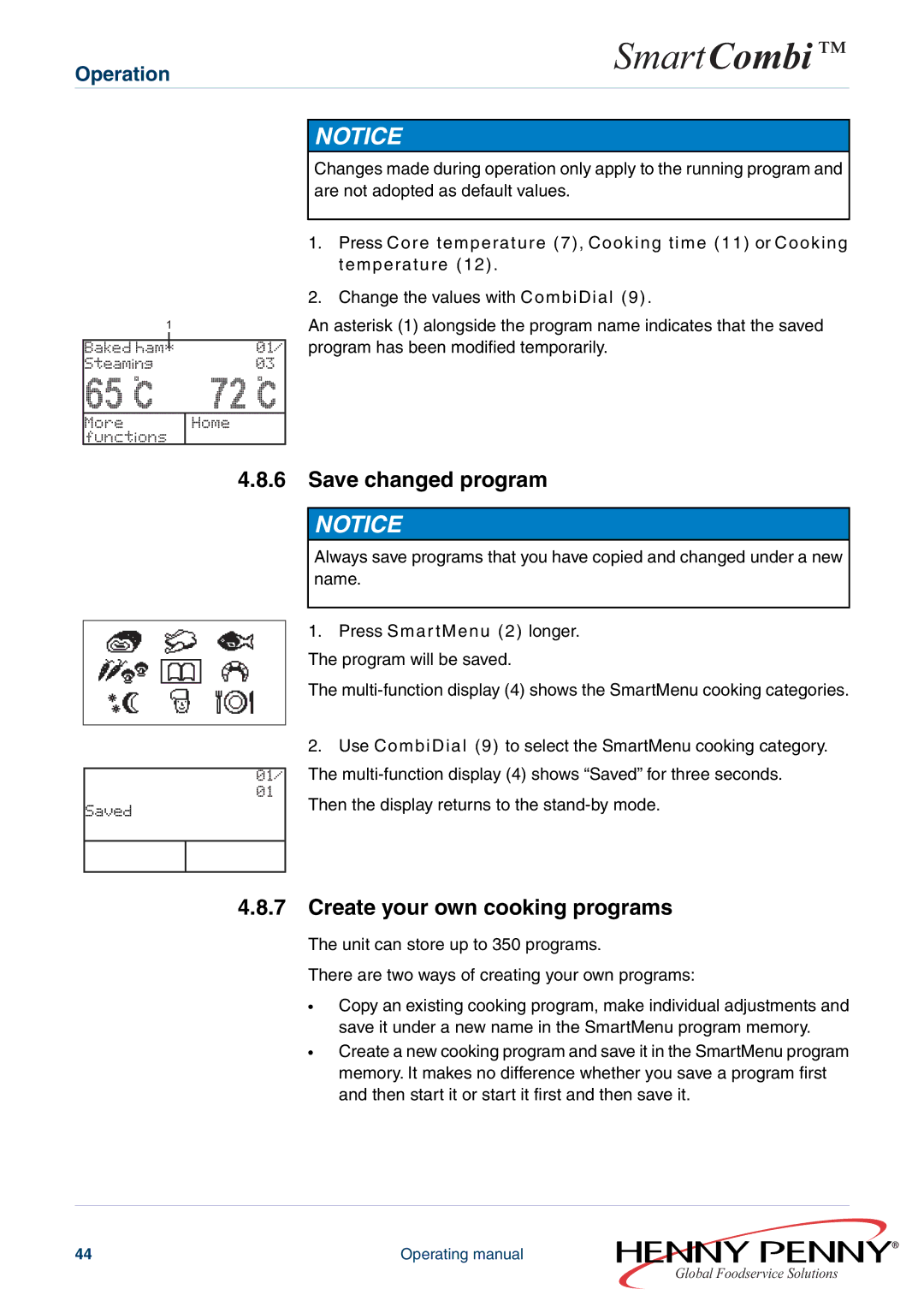 Henny Penny FM05-061-A manual Save changed program, Create your own cooking programs 