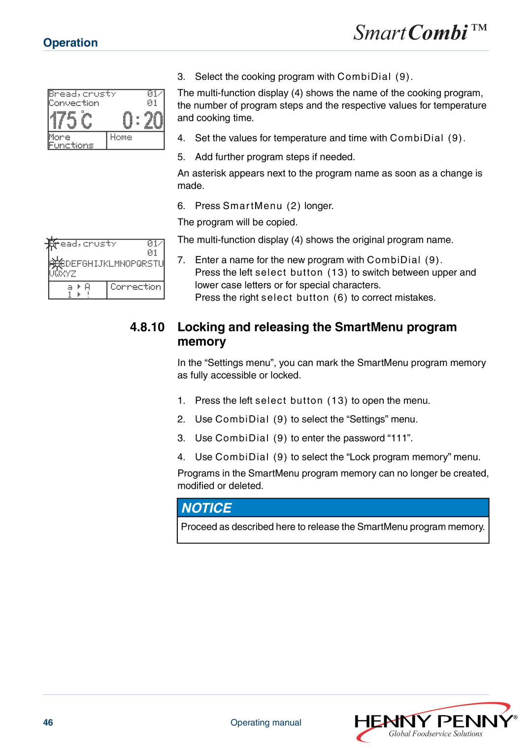 Henny Penny FM05-061-A manual 175 C, Locking and releasing the SmartMenu program memory 
