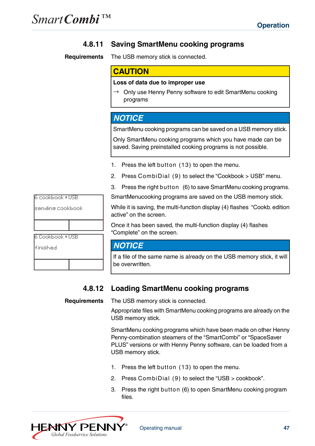 Henny Penny FM05-061-A manual Saving SmartMenu cooking programs, Loading SmartMenu cooking programs 