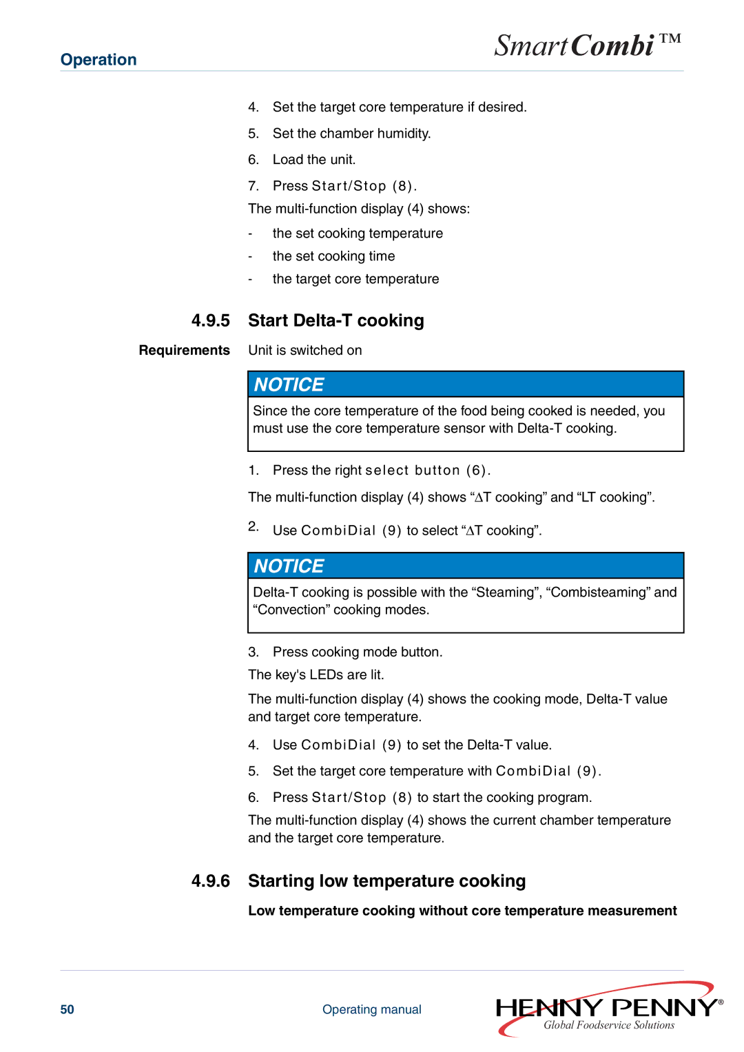 Henny Penny FM05-061-A manual Start Delta-T cooking, Starting low temperature cooking 