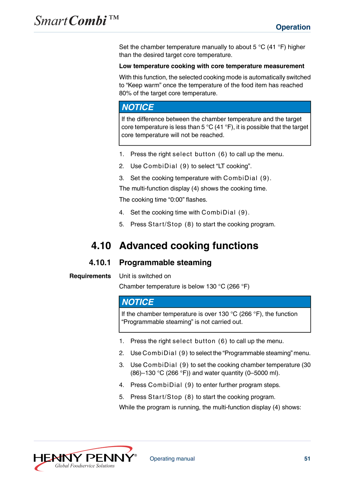 Henny Penny FM05-061-A manual Advanced cooking functions, Low temperature cooking with core temperature measurement 