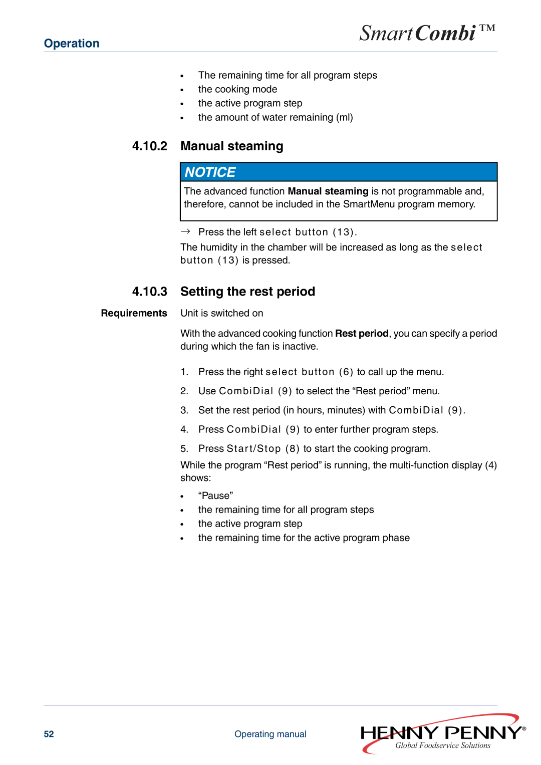 Henny Penny FM05-061-A manual Manual steaming, Setting the rest period 