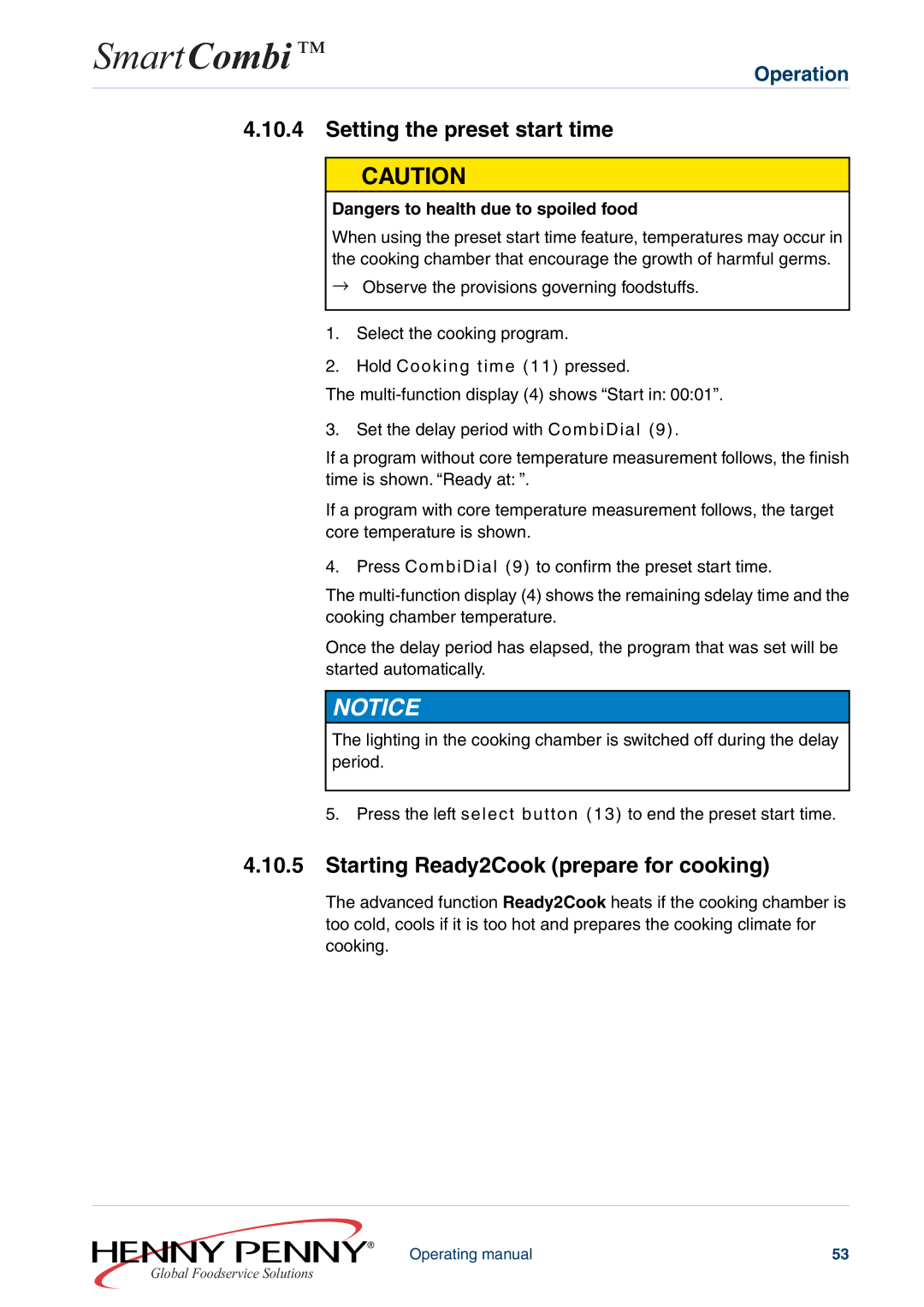 Henny Penny FM05-061-A manual Setting the preset start time, Starting Ready2Cook prepare for cooking 